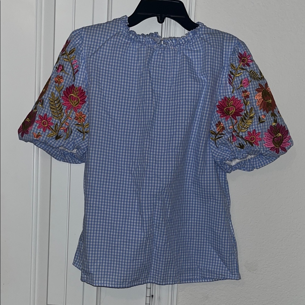 Boutique Blue Gingham Top with Floral Embroidery - Picture 1 of 9